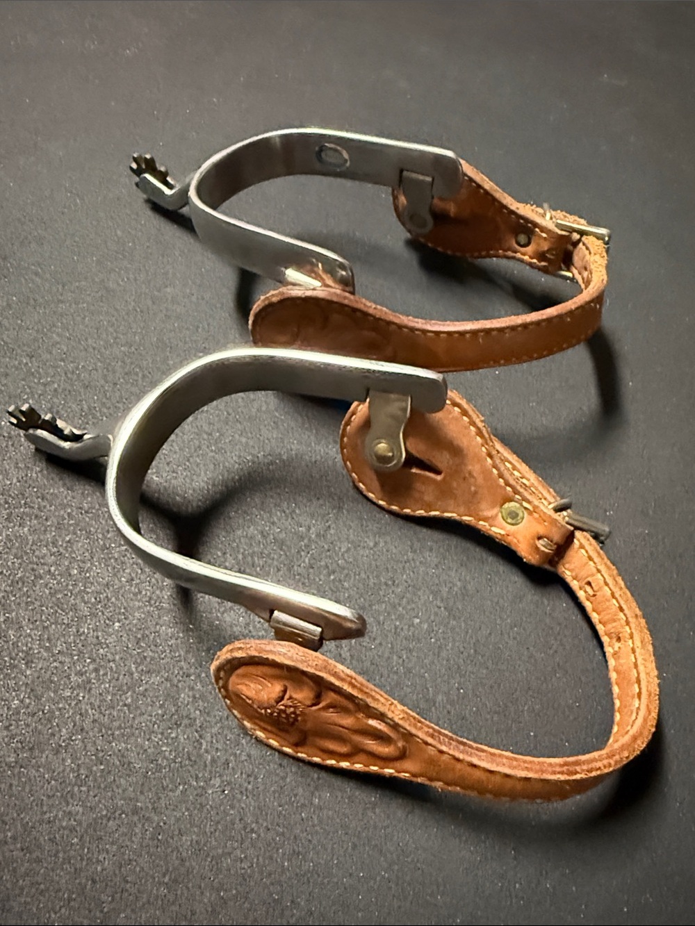 Vintage Leather Tooled Western Spurs Stainless Steel made in Korea